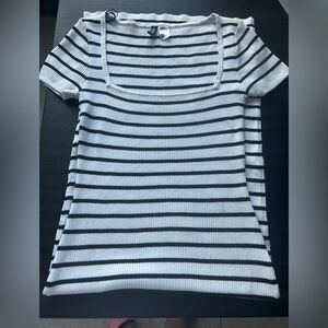 stylish black / white striped dress with a unique square neckline short sleeves